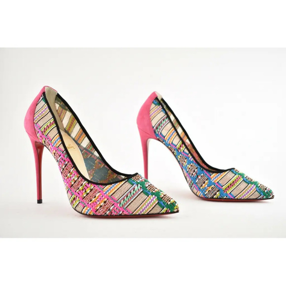 Christian Louboutin Follies Lace 100 Pink Black Hippie Suede Mesh Heel Pump 35.5 - Picture 4 of 12